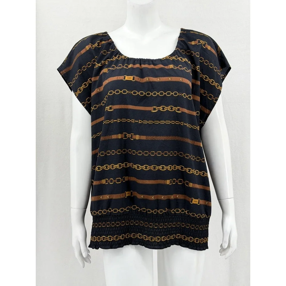 Michael Kors Top Womens 2X Navy Chain Belt Off the‎ Shoulder Equestrian Sheer